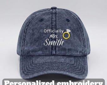 Officially Mrs Hat, Personalized Bride Cap, Embroidered Wedding Hat, Custom Last Name Cap, Newlywed Gift