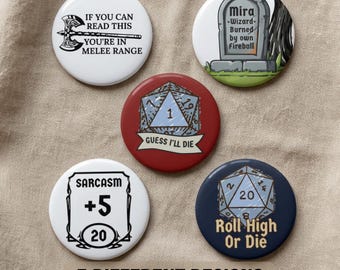 RPG Pin Button Set, DnD Inspired Pins, Tabletop Gaming Buttons, Fantasy Gamer Pins