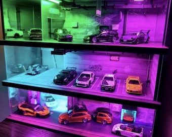 Diorama de garaje ciberpunk a escala 1:64 con luces LED / Miniatura de estacionamiento / Maqueta de ciudad futurista para coleccionistas