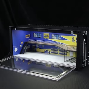 Diorama i skala 1:64 med LED-lampor för reparationsverkstad | Containergaragescen | Industriell miniatyrdisplay för samlare