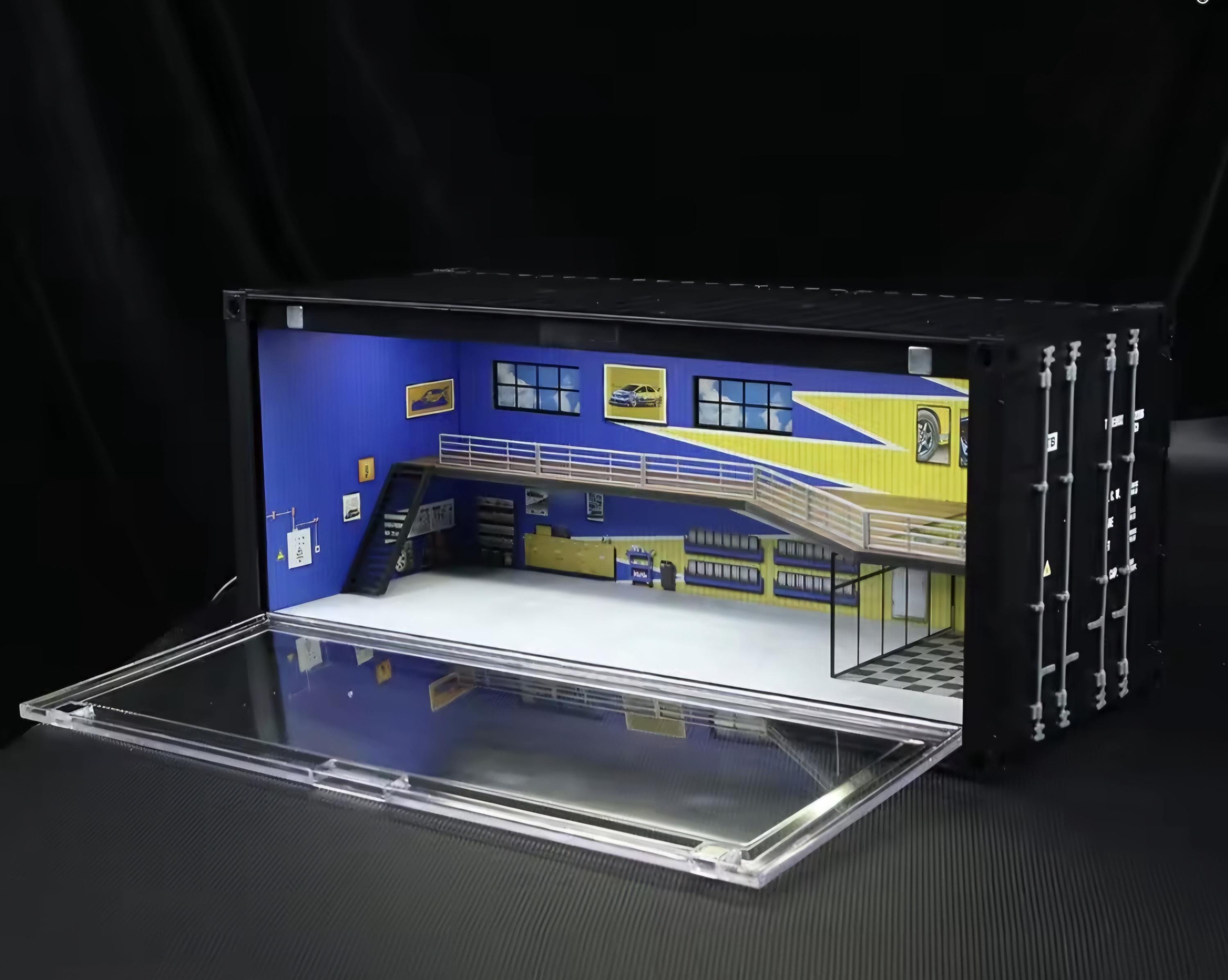 1:64スケール 修理工場ジオラマ LEDライト付き | コンテナガレージ