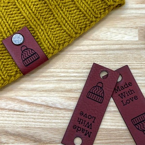 Custom Tags for Knits and Crochet, Faux Leather Labels for Handmade Items,  Leather Tags With Rivets, Tags for Knitted Hats 