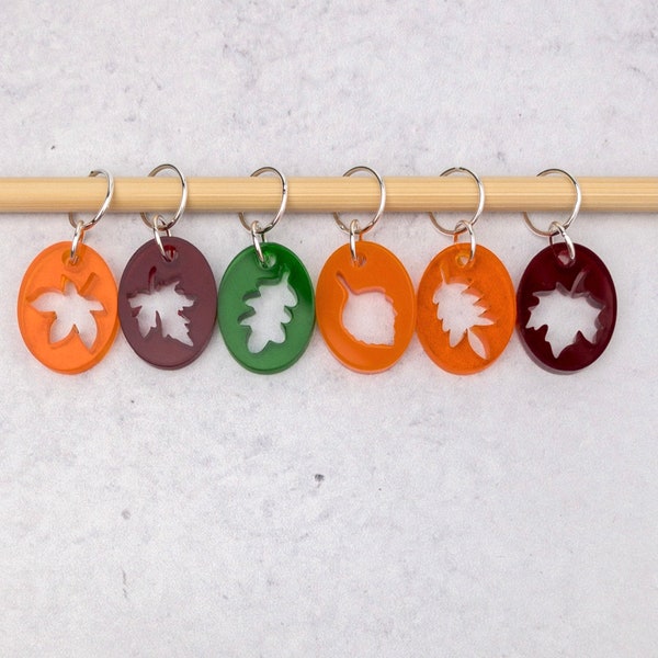 Autumn/Fall Leaves Stitch Markers, Acrylic, Soldered Ring Marker, Set of 6, Reds, Oranges, and Green