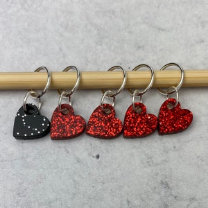 Heart Stitch Markers, Acrylic, Soldered Ring Marker, Set of 5, Red and Black Glitter Acrylic