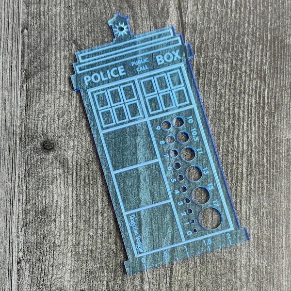 Blue Box breinaaldenmeter, lasergesneden acryl, maten 0 tot 17, liniaal