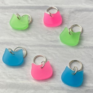 Cat / Kitty Head Glow in the Dark Stitch Markers, Acrylic, Soldered Ring Marker, Set of 6
