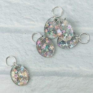 Star Confetti Stitch Markers, Acrylic, Soldered Ring Marker, Set of 5, Oval