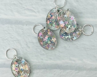 Star Confetti Stitch Markers, Acrylic, Soldered Ring Marker, Set of 5, Oval