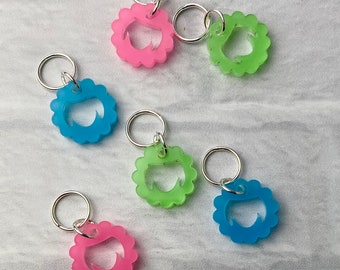 Sheep Glow in the Dark Stitch Markers, Acrylic, Soldered Ring Marker, Set of 6