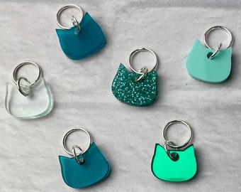 Cat / Kitty Head Stitch Markers, Acrylic, Soldered Ring Marker, Set of 6 • Teals/Aquas