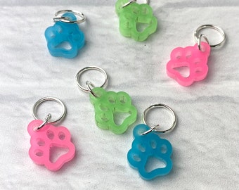 Dog Paw Print Glow in the Dark Stitch Markers, Acrylic, Soldered Ring Marker, Set of 6