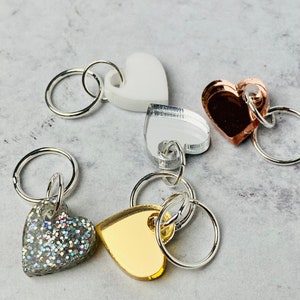Heart Stitch Markers, Acrylic, Soldered Ring Marker, Set of 5, Mirror, White, and Glitter