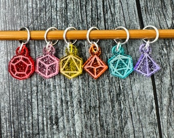 Game Dice Stitch Markers, Acrylic, Soldered Ring Marker, Set of 6 • DnD/D&D