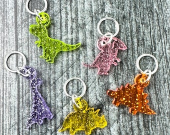 Dinosaur Stitch Markers, Acrylic, Soldered Ring Marker, Set of 5