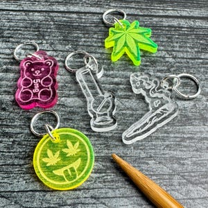 Cannabis Themed Stitch Markers, Acrylic, Soldered Ring Marker, Set of 5