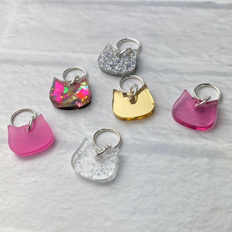 Cat / Kitty Head Stitch Markers, Acrylic, Soldered Ring Marker, Set of 6 Barbie Cat image 2