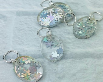 Snowflake Confetti Stitch Markers, Acrylic, Soldered Ring Marker, Set of 5, Oval