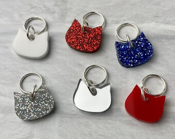 Cat / Kitty Head Stitch Markers, Acrylic, Soldered Ring Marker, Set of 6 • Red, White, & Blue