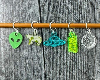Beam Me Up Stitch Markers, Acrylic, Soldered Ring Marker, Set of 5 • Alien UFO Inspired