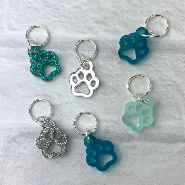 Dog Paw Print Acrylic Stitch Markers, Soldered Ring Marker, Set of 6 • Teals