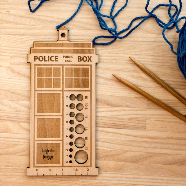 Police Box Knitting Needle Gauge, Laser Cut Wood, Sizes 0 to 17, Ruler