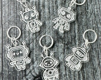 Robot Stitch Markers, Acrylic, Soldered Ring Marker, Set of 5