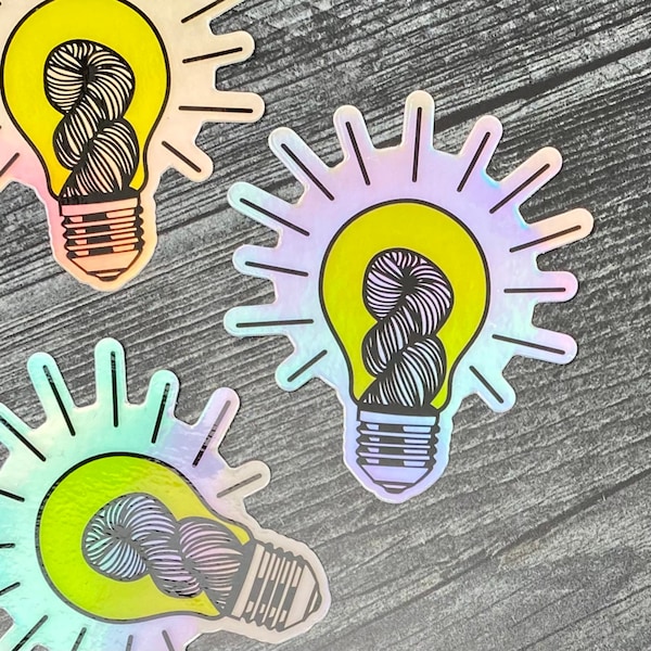 Skein Ideas Lightbulb Holographic Vinyl Sticker, Knitting, Crochet, Fiber Artist, Yarn