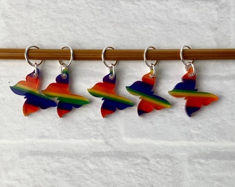 Butterfly Stitch Markers, Acrylic, Soldered Ring Marker, Set of 5, Rainbow Stripe