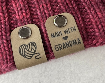 Made With Love GRANDMA • Faux Leather Screw In Tags for Knitting/Crochet • Set of 3 • Screws Included • Various Color Options