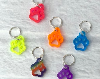 Dog Paw Print Acrylic Stitch Markers, Soldered Ring Marker, Set of 6 • Rainbow