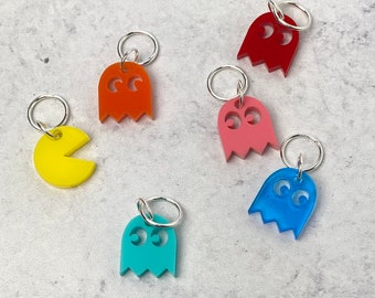 8-Bit Stitch Markers, Acrylic, Soldered Ring Marker, Set of 6, Pacman Inspired