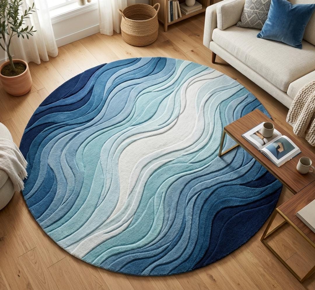 Hand Tufted Wool Blue Abstract Round Ocean Wave Area Rug, Modern ...