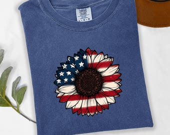 Camisa con girasol y bandera estadounidense de Comfort Colors, 4 de julio