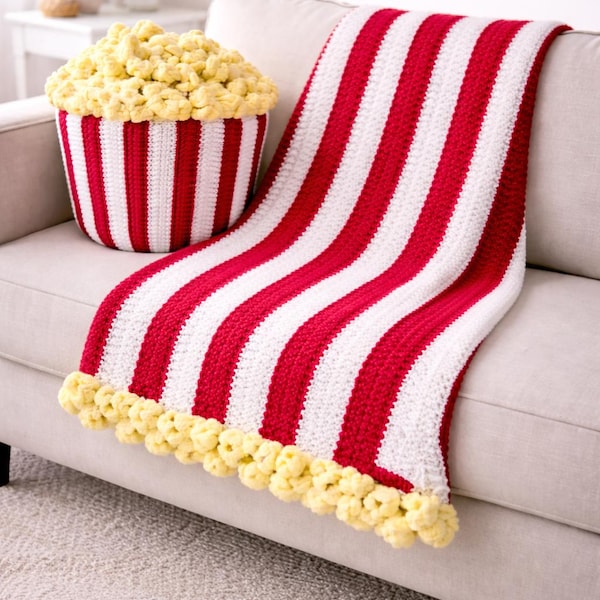 Padrão de crochê em PDF para manta de balde de pipoca | Cesta para noite de cinema + manta combinando