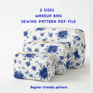 Makeup Bag Sewing Pattern – 3 Sizes Quilted  boxy Cosmetic Pouch (Digital Download)