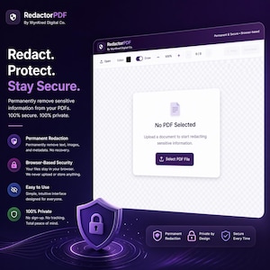Könnte beinhalten: Digitale Benutzeroberfläche für RedactorPDF, ein browserbasiertes Tool zum dauerhaften Entfernen sensibler Informationen aus PDFs. Die Oberfläche ist weiß mit lila Akzenten und hat eine Schaltfläche 'PDF-Datei auswählen'.