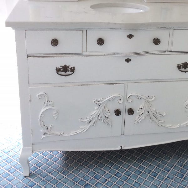 Custom Antique Dresser Vanity: Farmhouse French Country Bathroom Conversion