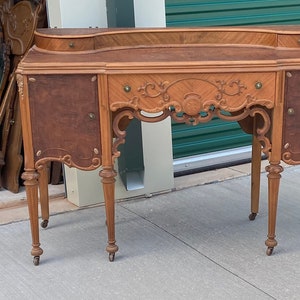 Antique Vanity with Mirror: Ornate Wood, Ready to Restore