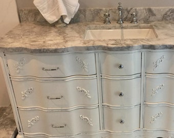 Custom French Provincial Bathroom Vanity: Upcycled Vintage Cabinet (49" - 60" Wide)