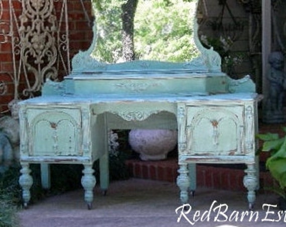 VANITY Custom Order An Antique Dresser Shabby Chic Painted Distressed Bedroom Furniture Mirrored Dressing Table BREATHTAKING!