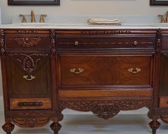 Antique Victorian 69" Double Sink Vanity, Restored 2-Tone Wood Bathroom Furniture READY TO SHIP