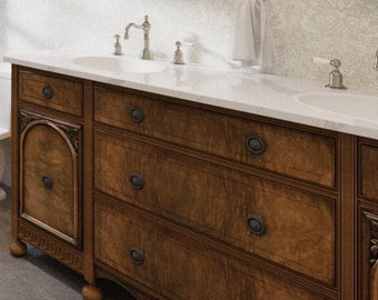 Antique Wood Bathroom Vanity: Custom Converted Furniture (67-72" Wide)