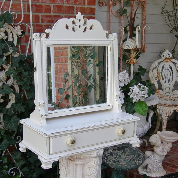 Antique Vanity MIRROR and Jewelry Chest Shabby Chic Fabulous French White Footed