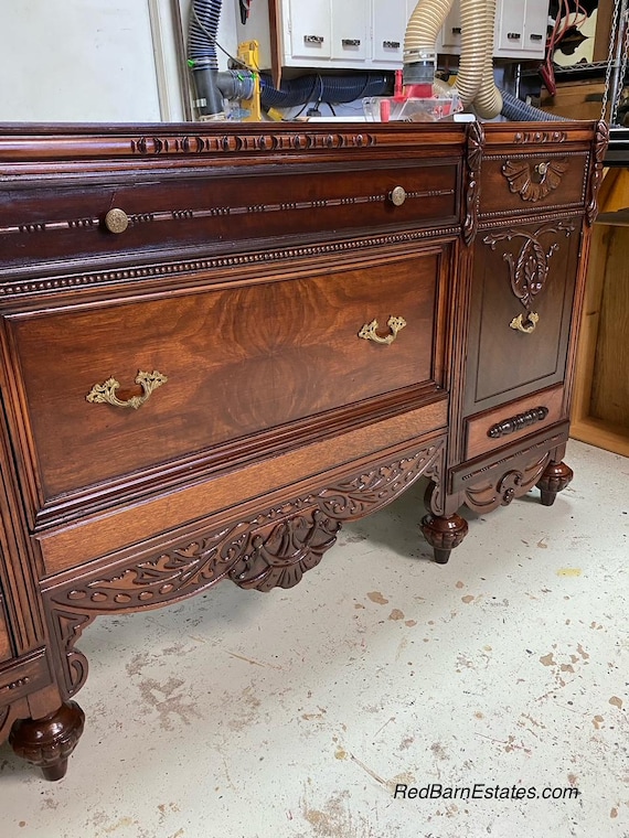 Antique Victorian 69" Double Sink Vanity, Restored 2-Tone Wood Bathroom Furniture READY TO SHIP