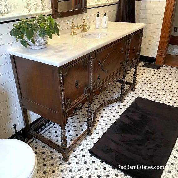 Antique Wood Bathroom Vanity: Custom French Country Buffet Conversion 66 Inches