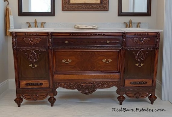 69" Antique Victorian Bathroom Vanity Single or Double Sink Area, 1900s Beautifully Restored 2-Tone Wood Lux En-suite Bath READY TO SHIP