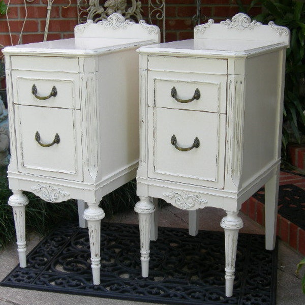 CUSTOM ORDER Pair of Shabby Chic NIGHTSTANDS Bedside Tables - White Aqua Blue Antique Distressed Bedroom Furniture