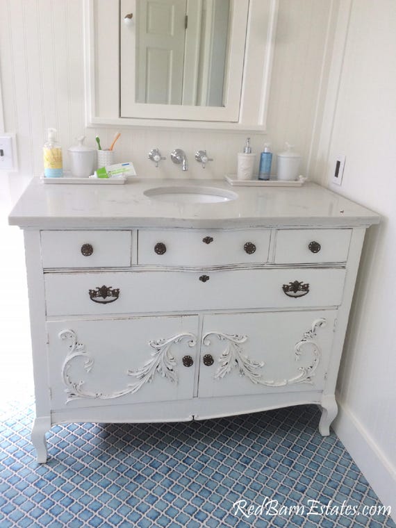Custom Antique Dresser Vanity: Farmhouse French Country Bathroom Conversion
