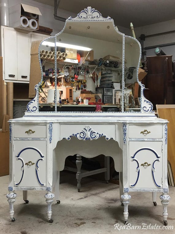 MAKEUP VANITY Custom Order An Antique Dressing Table Elegant Painted Distressed Restored Bedroom Furniture BREATHTAKING!
