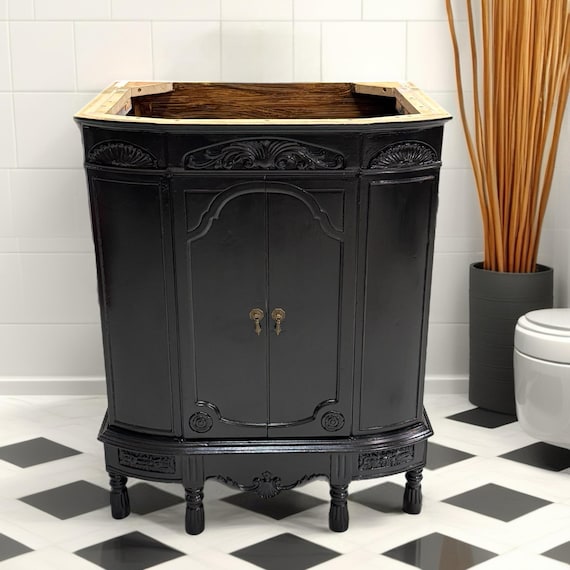 Antique Cabinet Bathroom Vanity: High Gloss Black Paint Finish. IMMEDIATE SHIP, 27" Wide x 34" High